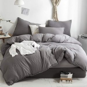New GREY Pom Pom Fringe Duvet Cover Set